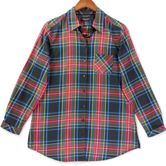 Foxcroft Shirt Womens Sz 10 Black Red Plaid Wrinkle Free Shaped Fit Long Sleeve - Picture 1 of 10